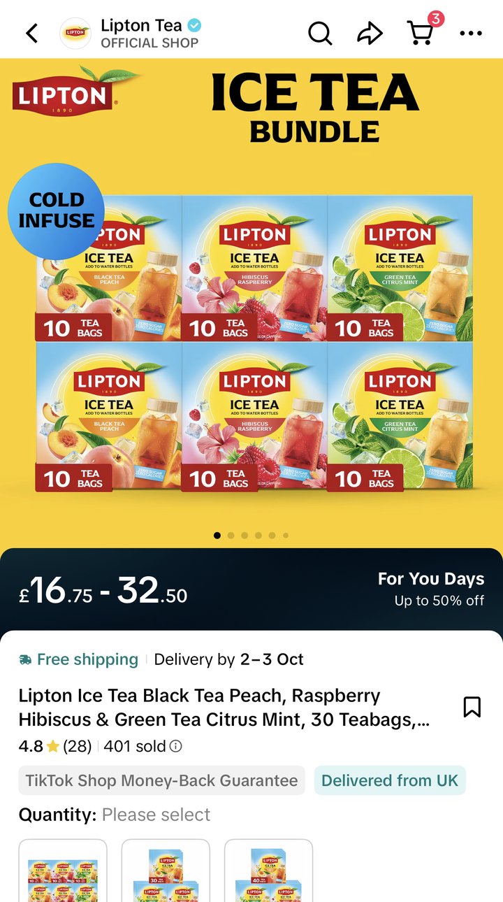 Lipton Ice Tea Bundle listing on the Lipton Tea official TikTok Shop, with three pack sizes